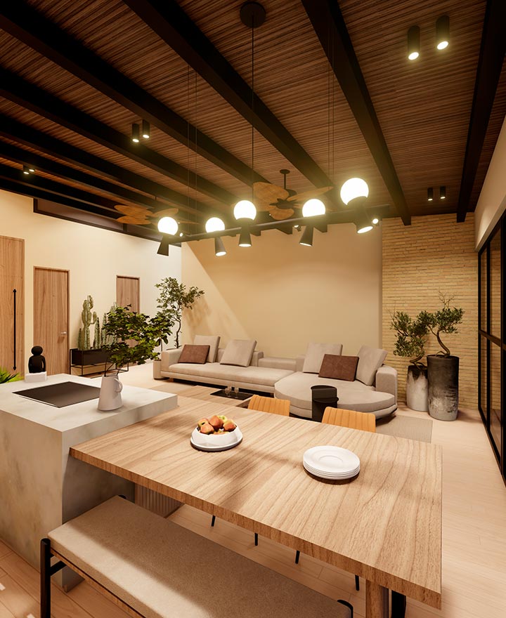 Cocina abierta y acabados nobles